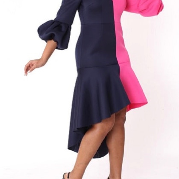 #A082 For Her NYC Dopamine Colorblock Hi-Lo Dress Puff Sleeves NWT XL - Picture 2 of 5